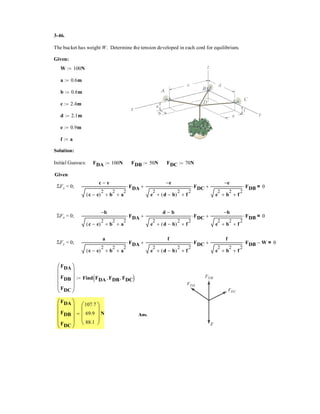 2–12 . Determine the magnitude of the projected
component of force FAB acting along the z axis.
3 m
4.5 m
3 m
x
B
D
C
A
O
y
3 m
9 m
FAB 3.5 kN
FAC 3 kN
30
A(0, 0, 9) m
B(4.5, –3, 0) m
Unit Vector: The unit vector uAB must be determined first. From Fig. a,
uAB =
rAB
AB
r
=
(4.5 – 0) + (–3 – 0) + (0 – 9)
(4.5 – 0)2
i j k
+ (–3 – 0) + (0 – 9)2 2
=
3
7
i –
2
7
j –
6
7
k
Thus, the force vector FAB is given by
FAB = FABuAB = 3.5
3
7
–
2
7
–
6
7
i j k
⎛
⎝⎜
⎞
⎠⎟ = {1.5i – 1j – 3k} kN
Vector Dot Product: The projected component of FAB along the z axis is
(FAB)z = FAB · k = (1.5i – 1j – 3k) · k
= –3 kN
The negative sign indicates that (FAB)z is directed towards the negative z axis.Thus
(FAB)z = 3 kN Ans.
2
 