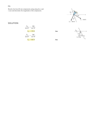 2–6.
Resolve the force into components acting along the u and
v axes and determine the magnitudes of the components.
F2
SOLUTION
Ans.
Ans.F2v = 482 N
F2v
sin 65°
=
500
sin 70°
F2u = 376 N
F2u
sin 45°
=
500
sin 70°
u
v
70Њ
30Њ
45Њ
F1 ϭ 300 N
F2 ϭ 500 N
 