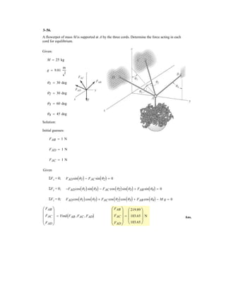 2–132.
The cables each exert a force of 400 N on the post.
Determine the magnitude of the projected component of F1
along the line of action of F2.
SOLUTION
Force Vector:
Unit Vector: The unit vector along the line of action of F2 is
Projected Component of F1 Along Line of Action of F2:
Negative sign indicates that the force component (F1)F2 acts in the opposite sense
of direction to that of uF2.
Ans.(F1 )F2
= 50.6 N
= -50.6 N
= (215.59)(0.7071) + (-78.47)(0.5) + (327.66)(-0.5)
(F1)F2
= F1
# uF2
= (215.59i - 78.47j + 327.66k) # (0.7071i + 0.5j - 0.5k)
= 0.7071i + 0.5j - 0.5k
uF2
= cos 45°i + cos 60°j + cos 120°k
= {215.59i - 78.47j + 327.66k} N
F1 = F1uF1
= 400(0.5390i - 0.1962j + 0.8192k) N
= 0.5390i - 0.1962j + 0.8192k
uF1
= sin 35° cos 20°i - sin 35° sin 20°j + cos 35°k
x
z
y
20
35
45
60
120
F1 400 N
F2 400 N
u
Thus the magnitude is
 