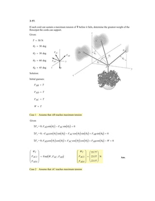 2–133.
SOLUTION
Unit Vector:
The Angle Between Two Vectors : The dot product of two unit vectors must be
determined first.
Then,
Ans.u = cos-1
AuF1
# uF2
B = cos-1
(-0.1265) = 97.3°
= -0.1265
= 0.5390(0.7071) + (-0.1962)(0.5) + 0.8192(-0.5)
uF1
# uF2
= (0.5390i - 0.1962j + 0.8192k) # (0.7071i + 0.5j - 0.5k)
u
= 0.7071i + 0.5j - 0.5k
uF2
= cos 45°i + cos 60°j + cos 120°k
= 0.5390i - 0.1962j + 0.8192k
uF1
= sin 35° cos 20°i - sin 35° sin 20°j + cos 35°k
Determine the angle between the two cables attached to
the post.
u
x
z
y
20
35
45
60
120
F1 400 N
F2 400 N
u
 