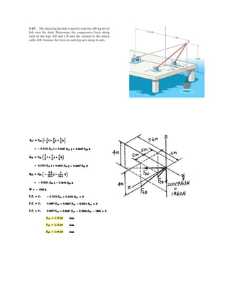 2–139.
z
A
O
x y
300 mm
300 mm
300 mm
F 300 N
30
30
Determine the magnitude of the projected component of
the force acting along line OA.F = 300 N
SOLUTION
Force and Unit Vector: The force vector F and unit vector uOA must be determined
first. From Fig. a
Vector Dot Product: The magnitude of the projected component of F along line OA is
Ans.= 242 N
= (-75)(-0.75) + 259.81(0.5) + 129.90(0.4330)
FOA = F # uOA = A -75i + 259.81j + 129.90kB # A -0.75i + 0.5j + 0.4330kB
uOA =
rOA
rOA
=
(-0.45 - 0)i + (0.3 - 0)j + (0.2598 - 0)k
2(-0.45 - 0)2
+ (0.3 - 0)2
+ (0.2598 - 0)2
= -0.75i + 0.5j + 0.4330k
= {-75i + 259.81j + 129.90k} N
F = (-300 sin 30° sin 30°i + 300 cos 30°j + 300 sin 30° cos 30°k)
 