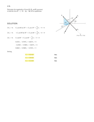 2–144 .
Express and as Cartesian vectors.F2F1
SOLUTION
Ans.
Ans.= -10.0 i + 24.0 j kN
F2 = -
5
13
1262 i +
12
13
1262 j
= 5-15.0 i - 26.0 j6 kN
F1 = -30 sin 30° i - 30 cos 30° j
F1 = 30 kN
F2 = 26 kN
12
5
13
x
y
30°
 