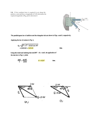 2–8. If the resultant force is required to act along the
positive u axis and have a magnitude of 5 kN, determine the
required magnitude of FB and its direction .u
y
x
u
B
FA ϭ 3 kN
FB
A
u 30Њ
 