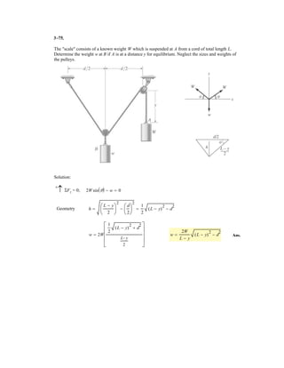 x
y
30Њ
30Њ
45Њ
F1 ϭ 80 N
F2 ϭ 75 N
F3 ϭ 50 N
2–147.
Determine the magnitude and direction of the resultant
of the three forces by first finding the
resultant and then forming .
Specify its direction measured counterclockwise from the
positive axis.x
FR = F¿ + F2F¿ = F1 + F3
FR = F1 + F2 + F3
SOLUTION
Ans.
Ans.u = 75° + 10.23° = 85.2°
sin b
104.7
=
sin 162.46°
177.7
; b = 10.23°
FR = 177.7 = 178 N
FR = 2(104.7)2
+ (75)2
- 2(104.7)(75) cos 162.46°
sin f
80
=
sin 105°
104.7
; f = 47.54°
F¿ = 2(80)2
+ (50)2
- 2(80)(50) cos 105° = 104.7 N
 