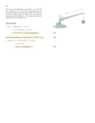 3–6.
The gusset plate is subjected to the forces of four members.
Determine the force in member B and its proper
orientation for equilibrium. The forces are concurrent at
point O.Take .F = 12 kN
u
5 kN
A
B
C
D
T
O
45
u
F
8 kN
SOLUTION
Solving,
Ans.
Ans.u = 36.3°
T = 14.3 kN
+ c ©Fy = 0; 12 - T sin u - 5 cos 45° = 0
:+ ©Fx = 0; 8 - T cos u + 5 sin 45° = 0
 