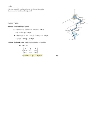 3–21.
The springs BA and BC each have a stiffness of 500 Nm and an
unstretched length of 3 m. Determine the displacement d of the
cord from the wall when a force F = 175 N is applied to the cord.
SOLUTION
By trial and error:
Ans.d = 1.56 m
da1 -
3
29 + d2
b = 0.175
T = ks = 500(232
+ d2
- 3)
TC
d
232
+ d2
S = 87.5
T sin u = 87.5
:+ ©Fx = 0; 175 = 2T sin u
F
B
C
d
A
k 500 N/m
k 500 N/m
6 m
 