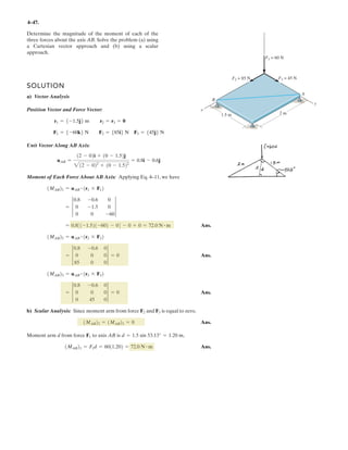 SOLUTION
Equations of Equilibrium: Applying the equations of equilibrium along the x and y
axes to the free-body diagram of joint D shown in Fig. a, we have
Ans.
Ans.
Using the result FCD = 339.83 N and applying the equations of equilibrium along the
x and y axes to the free-body diagram of joint D shown in Fig. b, we have
(1)
(2)
Solving Eqs. (1) and (2), yields
Ans.FCA = 243 NFCB = 275 N
FCAa
4
5
b - FCB sin 45° = 0+ c©Fy = 0;
339.83 - FCAa
3
5
b - FCD cos 45° = 0©Fx = 0;:
+
FCD = 339.83 N = 340 N392.4 cos30° - FCD = 0+ c©Fy = 0;
FDE = 392.4 N = 392 NFDE sin 30° - 20(9.81) = 0©Fx = 0;:
+
3–28.
Determine the tension developed in each cord required for
equilibrium of the 20-kg lamp.
A
B
D
E
F
C
45°
30°
3
4 5
 