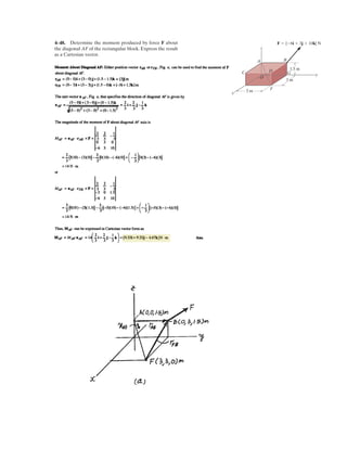 SOLUTION
Equations of Equilibrium: Applying the equations of equilibrium along the x and y
axes to the free-body diagram of joint D shown in Fig. a, we have
Ans.
Ans.
Using the result FCD = 16.99m and applying the equations of equilibrium along the
x and y axes to the free-body diagram of joint D shown in Fig. b, we have
(1)
(2)
Solving Eqs. (1) and (2), yields
Notice that cord DE is subjected to the greatest tensile force, and so it will achieve
the maximum allowable tensile force first.Thus
Ans.m = 20.4 kg
FDE = 400 = 19.62m
FCA = 12.14mFCB = 13.73m
FCAa
4
5
b - FCB sin 45° = 0+ c©Fy = 0;
16.99m - FCAa
3
5
b - FCD cos 45° = 0©Fx = 0;:
+
FCD = 16.99m19.62m cos 30° - FCD = 0©Fx = 0;:
+
FDE = 19.62mFDE sin 30° - m(9.81) = 0+ c©Fy = 0;
3–29.
Determine the maximum mass of the lamp that the cord
system can support so that no single cord develops a tension
exceeding 400 N.
A
B
D
E
F
C
45°
30°
3
4 5
 