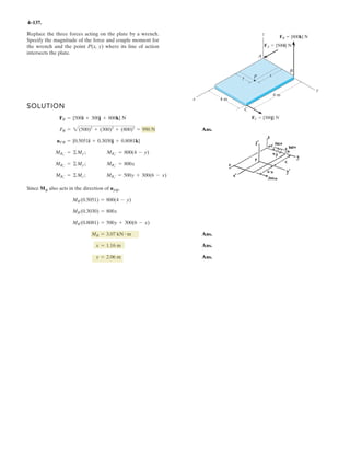 3–63.
SOLUTION
Geometry: Referring to the geometry of the free-body diagram shown in Fig. a,
the lengths of cables AB, AC, and AD are all
Equations of Equilibrium: Equilibrium requires
Thus, cables AB, AC, and AD all develop the same tension.
Ans.FAB = FAC = FAD = 426 N
©Fz = 0; 3F¢
0.6
20.61
≤ - 100(9.81) = 0
©Fy = 0; FAB ¢
0.5
20.61
≤ - 2BF¢
0.5 sin 30°
20.61
≤ R = 0 FAB = F
©Fx = 0; FAD ¢
0.5 cos 30°
20.61
≤ - FAC ¢
0.5 cos 30°
20.61
≤ = 0 FAD = FAC = F
l = 20.52
+ 0.62
= 20.61 m
The thin ring can be adjusted vertically between three
equally long cables from which the 100-kg chandelier is
suspended. If the ring remains in the horizontal plane and
, determine the tension in each cable.z = 600 mm
x
y
z
z
0.5 m
120 120
120
A
B
C
D
 