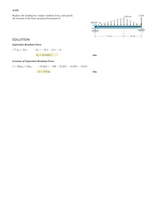 3 7
The uniform crate of mass M is suspended by using a cord of length l that is attached to the sides of
the crate and passes over the small pulley at O. If the cord can be attached at either points A and B, or
C and D, determine which attachment produces the least amount of tension in the cord and specify
the cord tension in this case.
Given:
M 50 kg
g 9.81
m
s
2
a 0.6 m
b 1.5 m
l 2 m
c
a
2
d
b
2
Solution:
Case 1 Attached at A and B Guess T 1 N
Given M g
l
2
§
¨
©
·
¸
¹
2
d
2

l
2
ª«
«
«
«
¬
º»
»
»
»
¼
2T 0 T1 Find T( ) T1 370.78 N
Case 2 Attached at C and D Guess T 1 N
Given M g
l
2
§
¨
©
·
¸
¹
2
c
2

l
2
ª«
«
«
«
¬
º»
»
»
»
¼
2T 0 T2 Find T( ) T2 257.09 N
Choose the arrangement that
gives the smallest tension.
T min T1 T2  