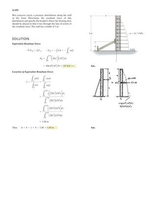 4–6.
SOLUTION
a
(Clockwise) Ans.
The maximum moment at A occurs when and Ans.
a
(Clockwise) Ans.= 14.7 kN # m
= -14 715 N # m
+ 1MA2max = 5-1177.2 cos 0°17.5 + 526 N # m
x = 5 m.u = 0°
= 51.18 cos u17.5 + x26 kN # m
= 5-1177.2 cos u17.5 + x26 N # m
+ MA = -12019.81217.5 + x2 cos u
The crane can be adjusted for any angle and
any extension For a suspended mass of
120 kg, determine the moment developed at A as a function
of x and What values of both x and develop the
maximum possible moment at A? Compute this moment.
Neglect the size of the pulley at B.
uu.
0 … x … 5 m.
0° … u … 90°
9 m
x
B
A
1.5 m
θ
 