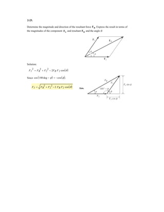 2-
Determine the magnitude and direction of the resultant force FR. Express the result in terms of
the magnitudes of the component and resultantF2
and the angle .
Solution:
F
2
F
2
F2
2
 2F F cos  