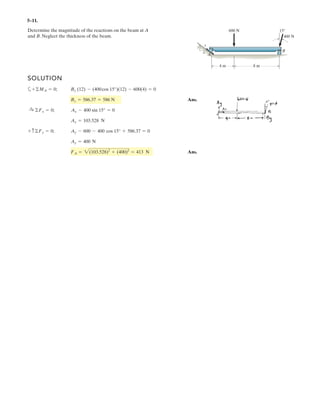 4–19.
The tower crane is used to hoist a 2-Mg load upward at con-
stant velocity. The 1.5-Mg jib BD and 0.5-Mg jib BC have
centers of mass at G1 and G2, respectively. Determine the
required mass of the counterweight C so that the resultant
moment produced by the load and the weight of the tower
crane jibs about point A is zero. The center of mass for the
counterweight is located at G3.
SOLUTION
a
Ans.MC = 4966.67 kg = 4.97 Mg
+ (MR)A = ©Fd; 0 = MC(9.81)(7.5) + 500(9.81)(4) - 1500(9.81)(9.5) - 2000(9.81)(12.5)
C
B D
G2
G3
A
9.5m
7.5 m
4 m
G1
12.5 m
23 m
 