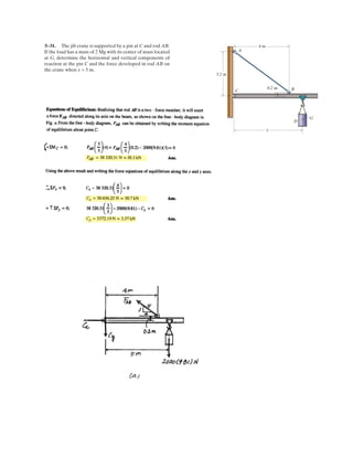 4–23.
The towline exerts a force of at the end of the
20-m-long crane boom. If determine the
placement x of the hook at A so that this force creates a
maximum moment about point O.What is this moment?
u = 30°,
P = 4 kN
1.5 m
O
20 m
A
B
P 4 kN
x
u
SOLUTION
Maximum moment,
a b Ans.
Ans.x = 24.0 m
4 kN sin 60°(x) - 4 kN cos 60°(1.5) = 80 kN # m
+ (MO)max = - 4kN(20) = 80 kN # m
OB BA
 