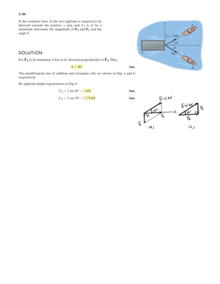 2–26.
The beam is to be hoisted using two chains. Determine the
magnitudes of forces FA and FB acting on each chain in order
to develop a resultant force of 600 N directed along the
positive y axis. Set .u = 45°
SOLUTION
Ans.
Ans.
FB
sin 30°
=
600
sin 105°
; FB = 311 N
FA
sin 45°
=
600
sin 105°
; FA = 439 N
FB FA
y
x
30
u
 