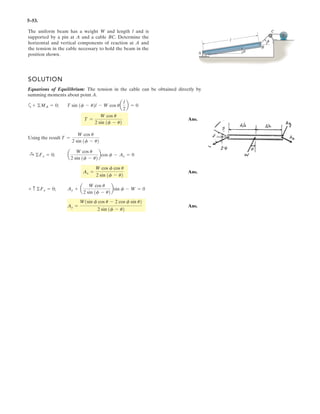 4–38.
Force F acts perpendicular to the inclined plane. Determine
the moment produced by F about point A. Express the
result as a Cartesian vector.
SOLUTION
Force Vector: Since force F is perpendicular to the inclined plane, its unit vector
is equal to the unit vector of the cross product, , Fig. a. Here
Thus,
Then,
And finally
Vector Cross Product: The moment of F about point A is
Ans.= [1.56i - 0.750j - 1.00k] kN # m
MA = rAC * F = 3
i j k
0 4 -3
249.88 187.41 249.88
3
= [249.88i + 187.41j + 249.88k] N
F = FuF = 400(0.6247i + 0.4685j + 0.6247k)
uF =
b
b
=
12i + 9j + 12k
2122
+ 92
+ 122
= 0.6247i + 0.4685j + 0.6247k
= [12i + 9j + 12k] m2
b = rCA * rCB = 3
i j k
0 4 -3
-3 4 0
3
rBC = (0 - 3)i + (4 - 0)j + (0 - 0)k = [-3i + 4j] m
rAC = (0 - 0)i + (4 - 0)j + (0 - 3)k = [4j - 3k] m
b = rAC * rBC
uF
z
x y
3 m
3 m
4 m
A
B
C
F 400 N
 