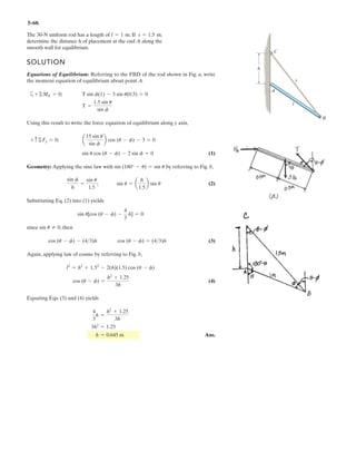 4–45.
SOLUTION
Ans.
Ans.z = 1 m
y = 2 m
-14 = -2 - 6y
5 = -1 + 6z
4 = y + 2z
4i + 5j - 14k = 3
i j k
1 y z
6 -2 1
3
MO = r * F
A force of produces a moment
of about the origin of
coordinates, point O. If the force acts at a point having an x
coordinate of determine the y and z coordinates.x = 1 m,
MO = 54i + 5j - 14k6 kN # m
F = 56i - 2j + 1k6kN
MO
d
z
x
y
O
y
1 m
z
P
F
 