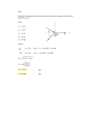 2–28.
If the resultant force of the two tugboats is , directed
along the positive axis, determine the required magnitude
of force and its direction .uFB
x
3 kN
SOLUTION
The parallelogram law of addition and the triangular rule are shown in Figs. a and b,
respectively.
Applying the law of cosines to Fig. b,
Ans.
Using this result and applying the law of sines to Fig. b, yields
Ans.
sin u
2
=
sin 30°
1.615
u = 38.3°
= 1.615kN = 1.61 kN
FB = 222
+ 32
- 2(2)(3)cos 30°
x
y
A
B
FB
FA ϭ 2 kN
30Њ
C
u
 