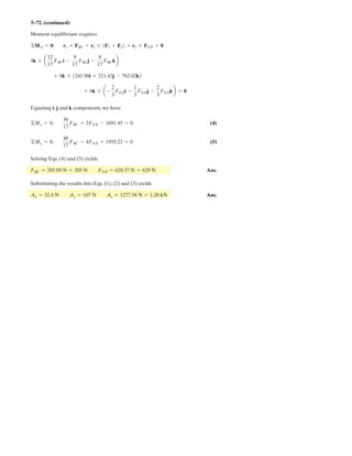 4–57.
The cutting tool on the lathe exerts a force F on the shaft as
shown. Determine the moment of this force about the x and
z axes.
SOLUTION
Moment About x and y Axes: Position vectors rx and rz shown in Fig. a can be con-
veniently used in computing the moment of F about x and z axes respectively.
Knowing that the unit vectors for x and z axes are i and k respectively. Thus, the
magnitudes of moment of F about x and z axes are given by
Thus,
Ans.Mz = Mzk = {-91.9 k} N # mMx = Mxi = {77.1i} N # m
= - 0.09193 kN # m = - 91.9 N # m
= 0 - 0 + 1[0.03 cos 40°(-4) - 6(0)]
Mz = k # rz * F = 3
0 0 1
0.03 cos 40° 0 0
6 -4 7
3
= 0.07713 kN # m = 77.1 N # m
= 1[0(-07) - (-4)(0.03 sin 40°)] - 0 + 0
Mx = i # rx * F = 3
1 0 0
0 0 0.03 sin 40°
6 -4 -7
3
rz = {0.03 cos 40°i} mrx = {0.03 sin 40°k} m
40Њ
30 mm
x
y
z
F ϭ {6i Ϫ 4j Ϫ 7k} kN
 