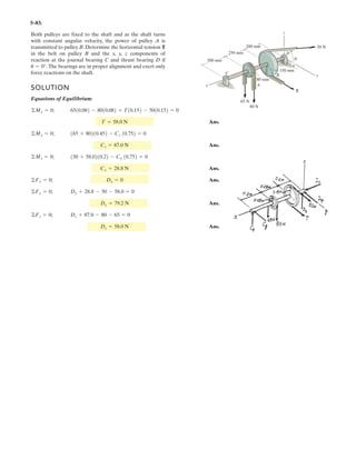 4–68.
The ends of the triangular plate are subjected to three
couples. Determine the plate dimension d so that the
resultant couple is clockwise.350 N # m
SOLUTION
a
Ans.d = 1.54 m
-350 = 2001d cos 30°2 - 6001d sin 30°2 - 100d+ MR = ©MA;
30°
d
100 N
100 N
600 N
600 N
200 N200 N
 