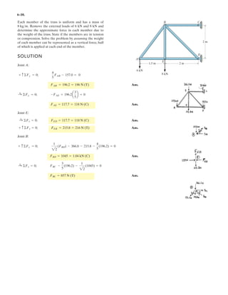4–82.
SOLUTION
By resolving F and the 5-kN couple into their x and y components, Fig. a, the couple
moments and produced by F and the 5-kN couple, respectively, are
given by
a
a
The resultant couple moment acting on the beam is required to be zero.Thus,
Ans.F = 14.2 kN
0 = 0.6340F - 9
(MC)R = (MC)1 + (MC)2
+(MC)2 = 5a
3
5
b(1) - 5a
4
5
b(3) = -9 kN
+(MC)1 = F sin 30°(3) - F cos 30°(1) = 0.6340F
(Mc)2(Mc)1
Determine the required magnitude of force F, if the
resultant couple moment on the beam is to be zero.
F
F 5 kN
5 kN
0.5 m
0.5 m
30
30
4
4
3
3
5
5
3 m
A
B
3 m
 