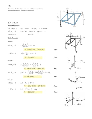 4–83.
Express the moment of the couple acting on the pipe
assembly in Cartesian vector form. Solve the problem
(a) using Eq. 4–13, and (b) summing the moment of each
force about point O.Take F = 525k6 N.
SOLUTION
(a)
Ans.
(b)
Ans.MC = {-5i + 8.75j} N # m
MC = (5 - 10)i + (-7.5 + 16.25)j
= 3
i j k
0.3 0.2 0
0 0 25
3 + 3
i j k
0.65 0.4 0
0 0 -25
3
MC = rOB * (25k) + rOA * (-25k)
MC = {-5i + 8.75j} N # m
= 3
i j k
-0.35 -0.2 0
0 0 25
3
MC = rAB * (25k)
z
y
x
O
B
F
200 mm
A
F
300 mm
400 mm
150 mm
200 mm
 