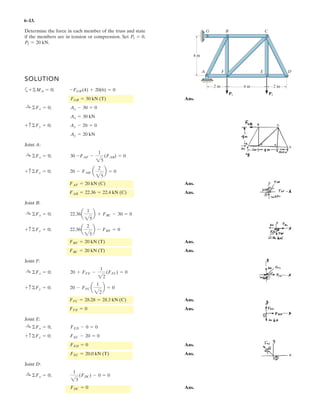 4–86.
SOLUTION
Resultant Couple Moment:
The magnitude of the resultant couple moment is
Ans.
The coordinate direction angles are
Ans.
Ans.
Ans.g = cos-1 56.840
59.867
= 18.3°
b = cos-1
a
-16.276
59.867
b = 106°
a = cos-1
a
-9.397
59.867
b = 99.0°
= 59.867 N # m = 59.9 N # m
MR = 21-9.39722
+ 1-16.27622
+ 156.84022
= 5-9.397i - 16.276j + 56.840k6 N # m
= 5-9.397i - 16.276j + 150 + 6.8402k6 N # m
MR = M1 + M2MR = ©M;
= 5-9.397i - 16.276j + 6.840k6 N # m
M2 = 201-cos 20° sin 30°i - cos 20° cos 30°j + sin 20°k2 N # m
M1 = 550k6 N # m
The meshed gears are subjected to the couple moments
shown. Determine the magnitude of the resultant couple
moment and specify its coordinate direction angles.
z
y
x
20°
30°
M2 = 20 N · m
M1 = 50 N · m
 