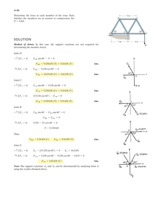 4–89.
Determine the resultant couple moment of the two couples
that act on the pipe assembly. The distance from A to B is
. Express the result as a Cartesian vector.d = 400 mm
SOLUTION
Vector Analysis
Position Vector:
Couple Moments: With and , applying Eq. 4–15, we have
Resultant Couple Moment:
Ans.
Scalar Analysis: Summing moments about x, y, and z axes, we have
Express as a Cartesian vector, we have
MR = {-12.1i - 10.0j - 17.3k} N # m
MR
(MR)z = ©Mz ; (MR)z = -50(0.4 cos 30°) = -17.32 N # m
(MR)y = ©My ; (MR)y = -50(0.4 sin 30°) = -10.0 N # m
(MR)x = ©Mx ; (MR)x = -35(0.4 cos 30°) = -12.12 N # m
= {-12.1i - 10.0j - 17.3k}N # m
MR = ©M; MR = (MC)1 + (MC)2
= 3
i j k
0 -0.3464 0.20
-50 0 0
3 = {-10.0j - 17.32k} N # m
(MC)2 = rAB * F2
= 3
i j k
0 -0.3464 0.20
0 0 35
3 = {-12.12i} N # m
(MC)1 = rAB * F1
F2 = {-50i} NF1 = {35k} N
= {-0.3464j + 0.20k} m
rAB = {(0.35 - 0.35)i + (-0.4 cos 30° - 0)j + (0.4 sin 30° - 0)k} m
x
30
y
z
350 mm
250 mm
{35k} N
{ 35k} N
{50i} N
{ 50i} N
A
B
d
C
 