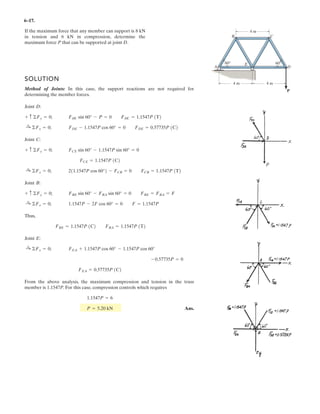 4–90.
SOLUTION
Position Vector:
Couple Moments: With and , applying Eq. 4–15, we have
Resultant Couple Moment:
The magnitude of is
Ans.d = 0.3421 m = 342 mm
20 = 2(-30.31d)2
+ (-25.0d)2
+ (43.30d)2
20 N # m, thusMR
= {-30.31d i - 25.0d j - 43.30d k} N # m
MR = ©M; MR = (MC)1 + (MC)2
= 3
i j k
0 -0.8660d 0.50d
-50 0 0
3 = {-25.0d j - 43.30d k} N # m
(MC)2 = rAB * F2
= 3
i j k
0 -0.8660d 0.50d
0 0 35
3 = {-30.31d i} N # m
(MC)1 = rAB * F1
F2 = {-50i} NF1 = {35k} N
= {-0.8660d j + 0.50d k} m
rAB = {(0.35 - 0.35)i + (-d cos 30° - 0)j + (d sin 30° - 0)k} m
Determine the distance d between A and B so that the
resultant couple moment has a magnitude of .MR = 20 N # m
x
30
y
z
350 mm
250 mm
{35k} N
{ 35k} N
{50i} N
{ 50i} N
A
B
d
C
 