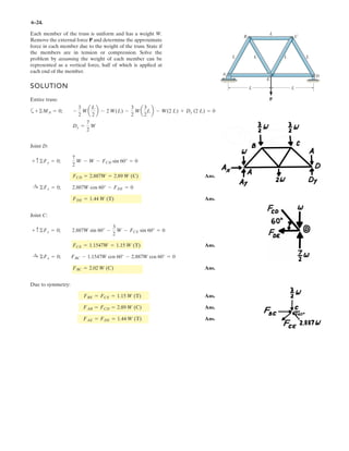 4–97.
SOLUTION
Ans.
Ans.
a
b Ans.MO = -10.62 kN # m = 10.6 kN # m
+ MO = ©MO ; MO = 8 - 6a
12
13
b(4) + 6a
5
13
b(5) - 4 cos 60°(4)
au = tan-1
c
2.0744
0.30769
d = 81.6°
FR = 2(0.30769)2
+ (2.0744)2
= 2.10 kN
= 2.0744 kN
+ c©FRy = ©Fy ; FRy = 6a
12
13
b - 4 sin 60°
= 0.30769 kN
:+ ©FRx = ©Fx ; FRx = 6a
5
13
b - 4 cos 60°
Replace the force and couple system by an equivalent force
and couple moment at point O.
y
xO
5
1213
6 kN
4 kN
60
5 m
4 m
4 m
3 m
3 m
8 kN m
A
P
 