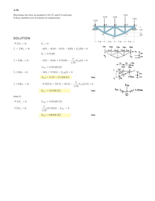 4–106.
Replace the force system acting on the bracket by a resultant
force and couple moment at point A.
SOLUTION
Equivalent Resultant Force: Forces and are resolved into their x and y com-
ponents, Fig. a. Summing these force components algebraically along the x and y
axes, we have
The magnitude of the resultant force is given by
Ans.
The angle of is
b Ans.
Equivalent Resultant Couple Moment: Applying the principle of moments, Figs. a
and b, and summing the moments of the force components algebraically about
point A, we can write
a
(Counterclockwise) Ans.= 431.36 N # m = 431 N # m
+ (MR)A = ©MA; (MR)A = 600 sin 30°(0.6) + 600 cos 30°(0.3) + 450 sin 45°(0.6) - 450 cos 45°(0.3)
u = tan-1
c
(FR)y
(FR)x
d = tan-1
c
618.20
201.4
d = 71.95° = 72.0°
FRu
FR = 2(FR)x
2
+ (FR)y
2
= 2201.42
+ 618.202
= 650.18 kN = 650 N
FR
(FR)y = 450 sin 45° + 600 sin 30° = 618.20 N c+ c(FR)y = ©Fy;
(FR)x = 450 cos 45° - 600 cos 30° = -201.42 N = 201.42 N ;©(FR)x = ©Fx;:
+
F2F1
A
B
600 N
450 N
0.3 m
0.6 m
30Њ 45Њ
 