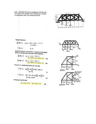4–107.
A biomechanical model of the lumbar region of the human
trunk is shown. The forces acting in the four muscle groups
consist of for the rectus, for the
oblique, for the lumbar latissimus dorsi, and
for the erector spinae. These loadings are
symmetric with respect to the y–z plane. Replace this system
of parallel forces by an equivalent force and couple moment
acting at the spine, point O. Express the results in Cartesian
vector form.
FE = 32 N
FL = 23 N
FO = 45 NFR = 35 N
SOLUTION
Ans.
Ans.MR O = {-2.22i} N # m
MROx
= ©MOx
; MR O = [-2(35)(0.075) + 2(32)(0.015) + 2(23)(0.045)]i
FR = ©Fz ; FR = {2(35 + 45 + 23 + 32)k } = {270k} N
75 mm
45 mm 50 mm 40 mm
30 mm
15 mm
z
x
y
FR
FO FL
FE
FR
FE FL
FO
O
 