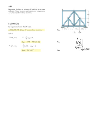 4–110.
The belt passing over the pulley is subjected to forces and
each having a magnitude of 40 N. acts in the direction.
Replace these forces by an equivalent force and couple
moment at point A.Express the result in Cartesian vector form.
Set so that acts in the direction.-jF2u = 0°
-kF1F2,
F1
SOLUTION
Ans.
Ans.MRA = {-12j + 12k} N # m
= 3
i j k
-0.3 0 0.08
0 -40 0
3 + 3
i j k
-0.3 0.08 0
0 0 -40
3
MRA = ©(r * F)
FR = {-40j - 40k} N
FR = F1 + F2
x
y
z
300 mm
␪
r ϭ 80 mm
A
F1
F2
 