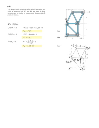 4
Replace the force at A by an equivalent force and couple moment at point P.
Given:
F 375 N
a 2 m
b 4 m
c 2 m
d 1 m
T 30 deg
Solution:
Fv F
sin T  