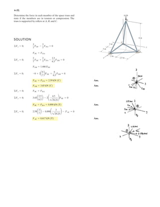 4 11
Determine the magnitude and direction T of force F and its placement d on the beam so that the
loading system is equivalent to a resultant force FR acting vertically downward at point A and a
clockwise couple moment M.
Units Used:
kN 10
3
N
Given:
F1 5 kN a 3 m
F2 3 kN b 4 m
FR 10 kN c 6 m
M 45 kN m˜ e 7
f 24
Solution:
Initial guesses: F 1 kN T 30 deg d 1 m
Given
e
e
2
f
2

§
¨
©
·
¸
¹
F1 F cos T  