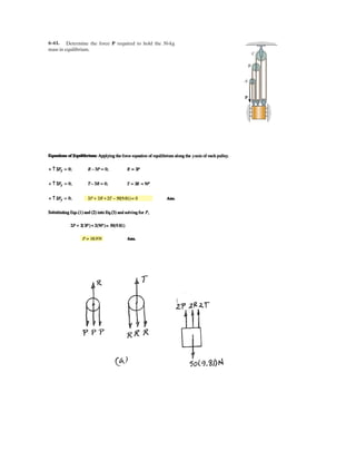 4–121.
Replace the loading on the frame by a single resultant force.
Specify where its line of action intersects member CD,
measured from end C.
500 N
400 N m
60
4
35
250 N
300 N
B
1 m 2 m 3 m
2 m
3 m
C
D
A
SOLUTION
Ans.
c
Ans.x =
2333
883.0127
= 2.64 m
+ MRA = ©MC ; 883.0127x = -400 + 300(3) + 250a
3
5
b(6) + 500 cos 60°(2) + (500 sin 60°)(1)
u = tan-1
a
883.0127
450
b = 63.0° d
FR = 2(-450)2
+ (-883.0127)2
= 991 N
+ c©Fy = ©Fy ; FRy = -300 - 250a
3
5
b - 500 sin 60° = -883.0127 N = 883.0127 N T
:+ ©Fx = FRx ; FRx = -250a
4
5
b - 500(cos 60°) = -450 N = 450 N ;
 