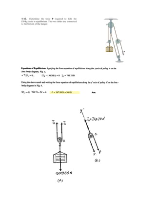 4 122
Replace the force and couple system by an equivalent force and couple moment at point O.
Units Used :
kN 10
3
N
Given:
M 30kN m˜ T 60deg
a 3m f 12
b 3m g 5
c 4m F1 8kN
d 4m F2 6kN
e 6m
Solution:
FR
F1
f
2
g
2

g
f
0
§
¨
¨
©
·
¸
¸
¹
F2
cos T( )
sin T( )
0
§
¨
¨
©
·
¸
¸
¹
˜
FR
0.077
2.188
0.000
§
¨
¨
©
·
¸
¸
¹
kN FR 2.19 kN
MO
0
0
M
§
¨
¨
©
·
¸
¸
¹
c
e
0
§
¨
¨
©
·
¸
¸
¹
F1
f
2
g
2

g
f
0
§
¨
¨
©
·
¸
¸
¹
ª
«
«
¬
º
»
»
¼
u
0
d
0
§
¨
¨
©
·
¸
¸
¹
F2
cos T( )
sin T( )
0
§
¨
¨
©
·
¸
¸
¹
˜
ª
«
«
¬
º
»
»
¼
u
MO
0.00
0.00
6.9 2
§
¨
¨
©
·
¸
¸
¹
kN m˜
.
Ans.
Ans.
–
 
