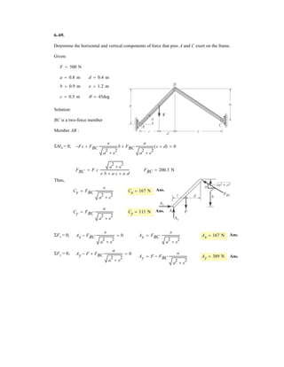 4 12
Replace the force and couple-moment system by an equivalent resultant force and couple
moment at point Q. Express the results in Cartesian vector form.
Units Used:
kN 10
3
N
Given:
F
8
6
8
§
¨
¨
©
·
¸
¸
¹
kN
M
20
70
20
§
¨
¨
©
·
¸
¸
¹
kN m˜
a 3 m
b 3 m e 5 m
c 4 m f 6 m
d 6 m g 5 m
Solution:
FR F MR M
0
e
g
§
¨
¨
©
·
¸
¸
¹
Fu FR
8
6
8
§
¨
¨
©
·
¸
¸
¹
kN MR
10
30
20
§
¨
¨
©
·
¸
¸
¹
kN m˜
9.
Ans.
–
 