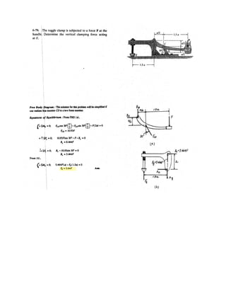 4–130.
The building slab is subjected to four parallel column
loadings. Determine the equivalent resultant force and
specify its location (x, y) on the slab. Take
F2 = 40 kN.
F1 = 30 kN,
y
x
20 kN
3 m
2 m
8 m 6 m
4 m
50 kN F1
F2
z
SOLUTION
Ans.
Ans.
Ans.x = 5.71 m
(MR)y = ©My; 140x = 50(4)+ 20(10)+ 40(10)
y = 7.14 m
(MR)x = ©Mx; -140y = -50(3) - 30(11) - 40(13)
+ cFR = ©Fz; FR = -20 - 50 - 30 - 40 = -140kN = 140 kNT
 