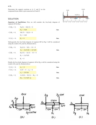4–131.
The building slab is subjected to four parallel column
loadings. Determine the equivalent resultant force and
specify its location (x, y) on the slab. Take
F2 = 50 kN.
F1 = 20 kN,
y
x
20 kN
3 m
2 m
8 m 6 m
4 m
50 kN F1
F2
z
SOLUTION
Ans.
Ans.
Ans.y = 7.29 m
MR x = ©Mx; -140(y) = -(50)(3) - 20(11) - 50(13)
x = 6.43 m
MR y = ©My; 140(x) = (50)(4) + 20(10) + 50(10)
+ TFR = ©Fz; FR = 20 + 50 + 20 + 50 = 140 kN
 