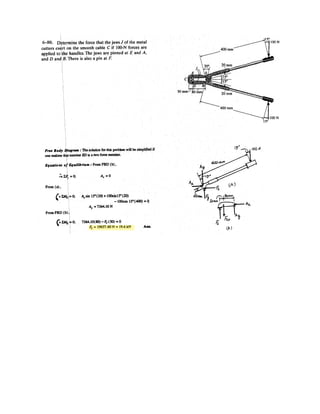 4–139.
Replace the distributed loading with an equivalent resultant
force, and specify its location on the beam measured from
point O.
SOLUTION
Loading: The distributed loading can be divided into two parts as shown in Fig. a.
Equations of Equilibrium: Equating the forces along the y axis of Figs. a and b,
we have
Ans.
If we equate the moment of FR, Fig. b, to the sum of the moment of the forces in
Fig. a about point O, we have
a
Ans.x = 2.5 m
- 6.75(x) = -
1
2
(3)(3)(2) -
1
2
(3)(1.5)(3.5)+ (MR)O = ©MO;
FR =
1
2
(3)(3) +
1
2
(3)(1.5) = 6.75 kN T+T FR = ©F;
O
3 m 1.5 m
3 kN/m
 