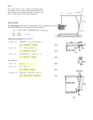 4–140.
Replace the loading by an equivalent force and couple
moment acting at point O.
SOLUTION
Equivalent Force and Couple Moment At Point O:
Ans.
(Clockwise) Ans.= 3.10 kN # m
= -3100 N # m
MRO
= -800122 - 300152a+ MRO
= ©MO;
= -1100 N = 1.10 kN T
FR = -800 - 300+ c FR = ©Fy;
O
200 N/m
4 m 3 m
 