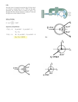4–146.
Replace the distributed loading with an equivalent resultant
force, and specify its location on the beam measured from
point A.
A B
L––
2
L––
2
w0 w0
SOLUTION
Loading:The distributed loading can be divided into two parts as shown in Fig. a.
The magnitude and location of the resultant force of each part acting on the beam
are also shown in Fig. a.
Resultants: Equating the sum of the forces along the y axis of Figs. a and b,
Ans.
If we equate the moments of FR, Fig. b, to the sum of the moment of the forces in
Fig. a about point A,
a
Ans.x =
5
12
L
+(MR)A = ©MA; -
1
2
w0L(x) = -
1
2
w0a
L
2
b a
L
6
b -
1
2
w0a
L
2
b a
2
3
Lb
+ TFR = ©F; FR =
1
2
w0a
L
2
b +
1
2
w0a
L
2
b =
1
2
w0L T
 