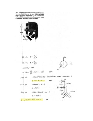 4 14
The beam supports the distributed load caused by the sandbags. Determine the resultant force
on the beam and specify its location measured from point A.
Units Used:
kN 10
3
N
Given:
w1 1.5
kN
m
a 3 m
w2 1
kN
m
b 3 m
w3 2.5
kN
m
c 1.5 m
Solution:
FR w1 a w2 b w3 c FR 11.25 kN
MA w1 a
a
2
w2 b a
b
2
§
¨
©
·
¸
¹
 w3 c a b
c
2
§
¨
©
·
¸
¹

MA 45.563 kN m˜ d
MA
FR
d 4.05 m
7.
Ans.
Ans.
–
 