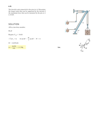 4 14
Determine the length b of the triangular load and its position a on the beam such that the
equivalent resultant force is zero and the resultant couple moment is M clockwise.
Units Used:
kN 10
3
N
Given:
w1 4
kN
m
w2 2.5
kN
m
M 8 kN m˜ c 9 m
Solution:
Initial Guesses: a 1 m b 1 m
Given
1
2
w1 b
1
2
w2 c 0
1
2
w1 b a
2b
3
§
¨
©
·
¸
¹
1
2
w2 c
2c
3
 M
a
b
§
¨
©
·
¸
¹
Find a b( )
a
b
§
¨
©
·
¸
¹
1.539
5.625
§
¨
©
·
¸
¹
m
9.
Ans.
–
 