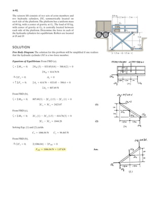 Replace the loading by an equivalent resultant
force and couple moment at point A.
60Њ
6 ft
50 lb/ft
50 lb/ft
100 lb/ft
4 ft
A
B
1 kN/m
1 kN/m
2 kN/m
1.8 m
FRx = 2.338 kN
FRy = 2.55 kN
F3 = 1.2 kN
F1 = 0.9 kN
F2 = 1.8 kN
0.9 m
0.6 m
(1.8 cos 60° + 0.6) m
1.2 m
F1 =
1
2
(1.8) (1) = 0.9 kN
F2 = (1.8) (1) = 1.8 kN
F3 = (1.2) (1) = 1.2 kN
+
→ FRx = ΣFx; FRx = 0.9 sin 60° + 1.8 sin 60° = 2.338 kN
+↓FRy = ΣFy; FRy = 0.9 cos 60° + 1.8 cos 60° + 1.2 = 2.55 kN
FR = (2.338) + (2.55)2 2
= 3.460 kN Ans.
␪ = tan–1 2.55
2.338
⎛
⎝⎜
⎞
⎠⎟ = 47.5° Ans.
‫ۍ‬
+ MRA = ΣMA; MRA = 0.9 (0.6) + 1.8 (0.9) + 1.2 (1.8 cos 60° + 0.6)
= 3.96 kN·m
‫ۍ‬
Ans.
4–152.
 