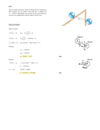Replace the loading by an equivalent resultant
force and couple moment acting at point B.
60Њ
6 ft
50 lb/ft
50 lb/ft
100 lb/ft
4 ft
A
B
1 kN/m
1 kN/m
1.8 m
2 kN/m
1.2 m
F1 =
1
2
(1.8) (1) = 0.9 kN
F2 = (1.8) (1) = 1.8 kN
F3 = (1.2) (1) = 1.2 kN
+
→ FRx = ΣFx; FRx = 0.9 sin 60° + 1.8 sin 60° = 2.338 kN
+↓FRy = ΣFy; FRy = 0.9 cos 60° + 1.8 cos 60° + 1.2 = 2.55 kN
FR = (2.338) + (2.55)2 2
= 3.460 kN Ans.
␪ = tan–1 2.55
2.338
⎛
⎝⎜
⎞
⎠⎟ = 47.5° Ans.
‫ۍ‬
+ MRB = ΣMB; MRB = 0.9 cos 60° (1.2 cos 60° + 1.2)
+ 0.9 sin 60° (1.2 sin 60°)
+ 1.8 cos 60° (0.9 cos 60° + 1.2)
+ 1.8 sin 60° (0.9 sin 60°) + 1.2 (0.6)
MRB = 5.04 kN·m
‫ۍ‬
Ans.
4–153.
 
