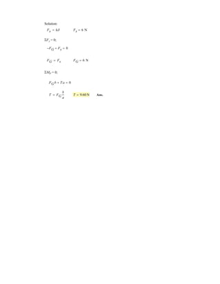4 15
Determine the equivalent resultant force
and couple moment at point O.
Units Used:
kN 10
3
N
Given:
a 3 m
wO 3
kN
m
w x( ) wO
x
a
§
¨
©
·
¸
¹
2
Solution:
FR
0
a
xw x( )
´
µ
¶
d FR 3kN
MO
0
a
xw x( ) a x( )
´
µ
¶
d MO 2.25 kN m˜
8.
2
Ans.
Ans.
–
 