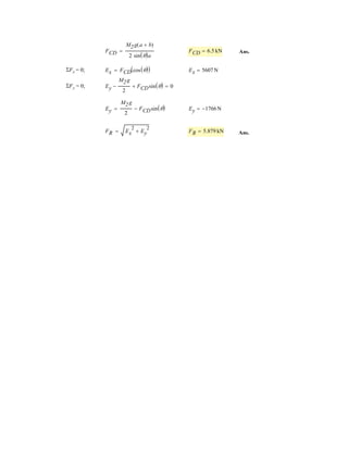4–163.
SOLUTION
For the 400-N forces:
For the 150-N forces:
Ans.MCR = 63.6i - 170j + 264k N # m
MCR = MC1 + MC2
= 63.6i + 63.6k
= 3
i j k
0.6 cos 45° 0 -0.6 sin 45°
0 150 0
3
MC2 = rOB * 1150j2
= -169.7j + 200k
= 3
i j k
0.6 cos 45° -0.5 -0.6 sin 45°
400 0 0
3
MC1 = rAB * 1400i2
Determine the resultant couple moment of the two couples
that act on the assembly. Member OB lies in the x-z plane.
45°
400 N
150 N
150 N
400 N
x
O
B
C
A
yz
500 mm
400 mm
600 mm
 