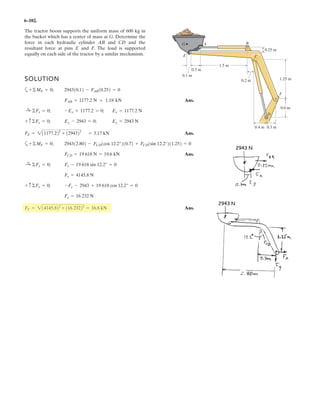 4–164.
SOLUTION
Position Vector And Force Vectors:
Moment of Force F About z Axis: The unit vector along the z axis is k. Applying
Eq. 4–11, we have
Ans.
Or
Ans.
The negative sign indicates that , is directed along the negative z axis.Mz
= -4.03 N # m
= 0 - 0 + 1[(-0.01)(-21.213) - 21.213(0.2)]
= 3
0 0 1
-0.01 0.2 0.05
21.213 -21.213 0
3
Mz = k # (rOA * F)
= -4.03 N # m
= 0 - 0 + 1[(-0.01)(-21.213) - 21.213(0.2)]
= 3
0 0 1
-0.01 0.2 0
21.213 -21.213 0
3
Mz = k # (rBA * F)
= [21.213i - 21.213j] N
F = 30(sin 45°i - cos 45°j) N
= {-0.01i + 0.2j + 0.05k} m
rOA = [(-0.01 - 0)i + (0.2 - 0)j + (0.05 - 0)k} m
rBA = {-0.01i + 0.2j} m
The horizontal 30-N force acts on the handle of the wrench.
What is the magnitude of the moment of this force about the
z axis?
O
z
x
B A
y
50 mm
200 mm
10 mm
30 N
45
45
 